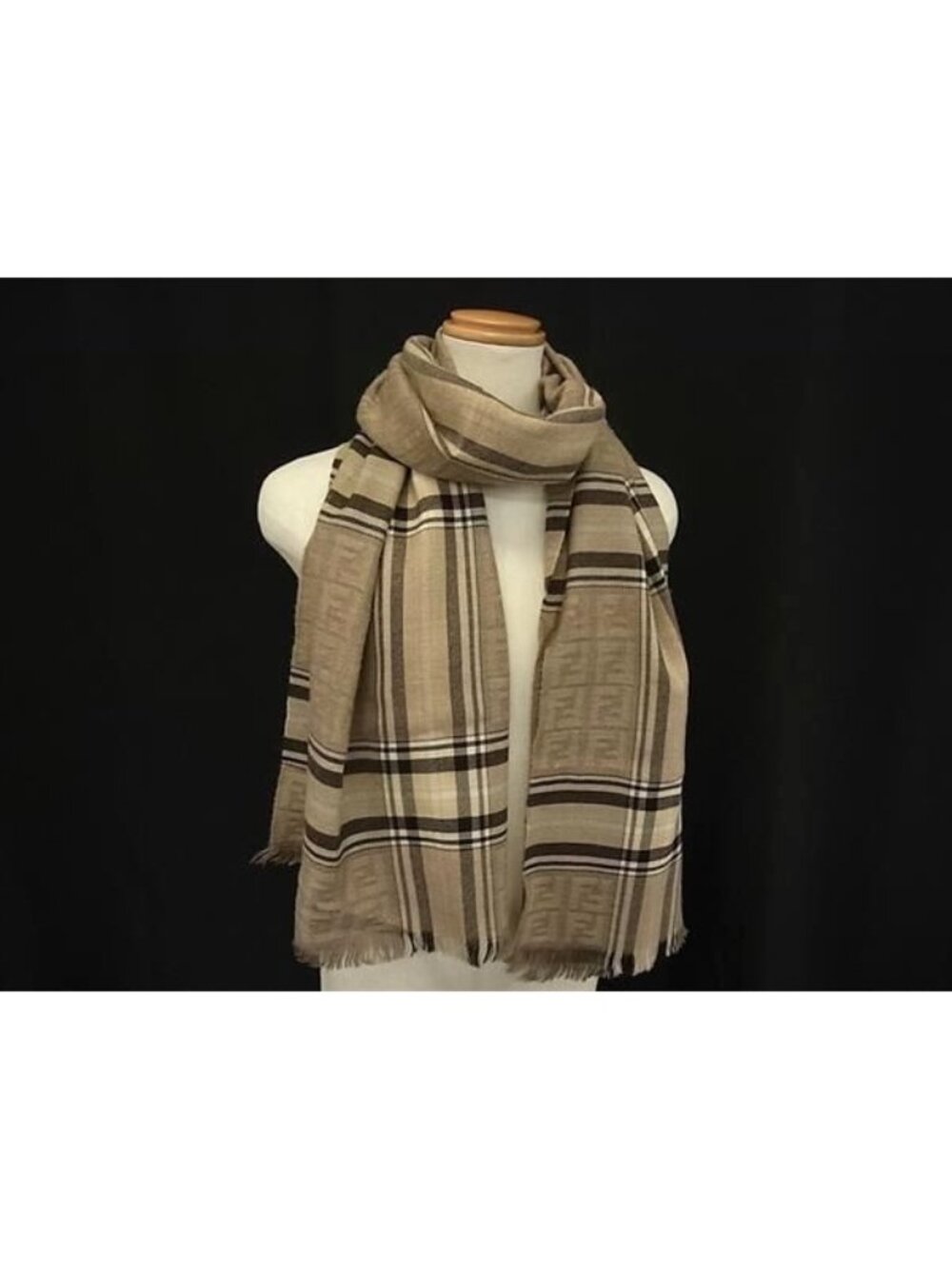 Fendi Zucca Pattern Plaid Fringe Shawl Brown Scarf